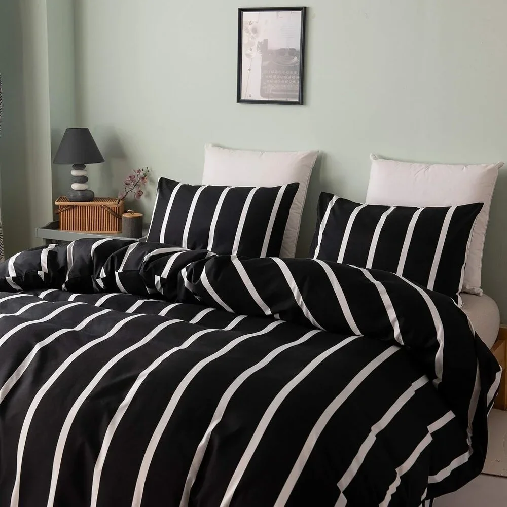 Black and White Striped Comforter Microfiber Queen Set